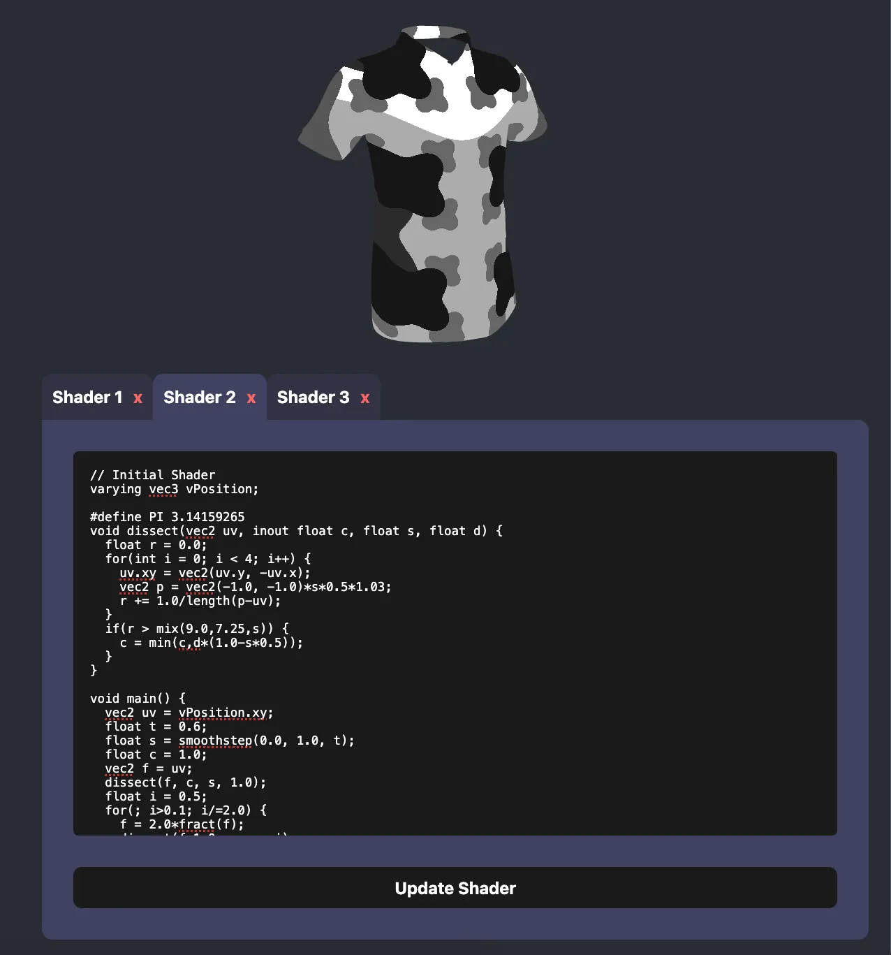 Demodrip — shader rendered on a 3D t-shirt