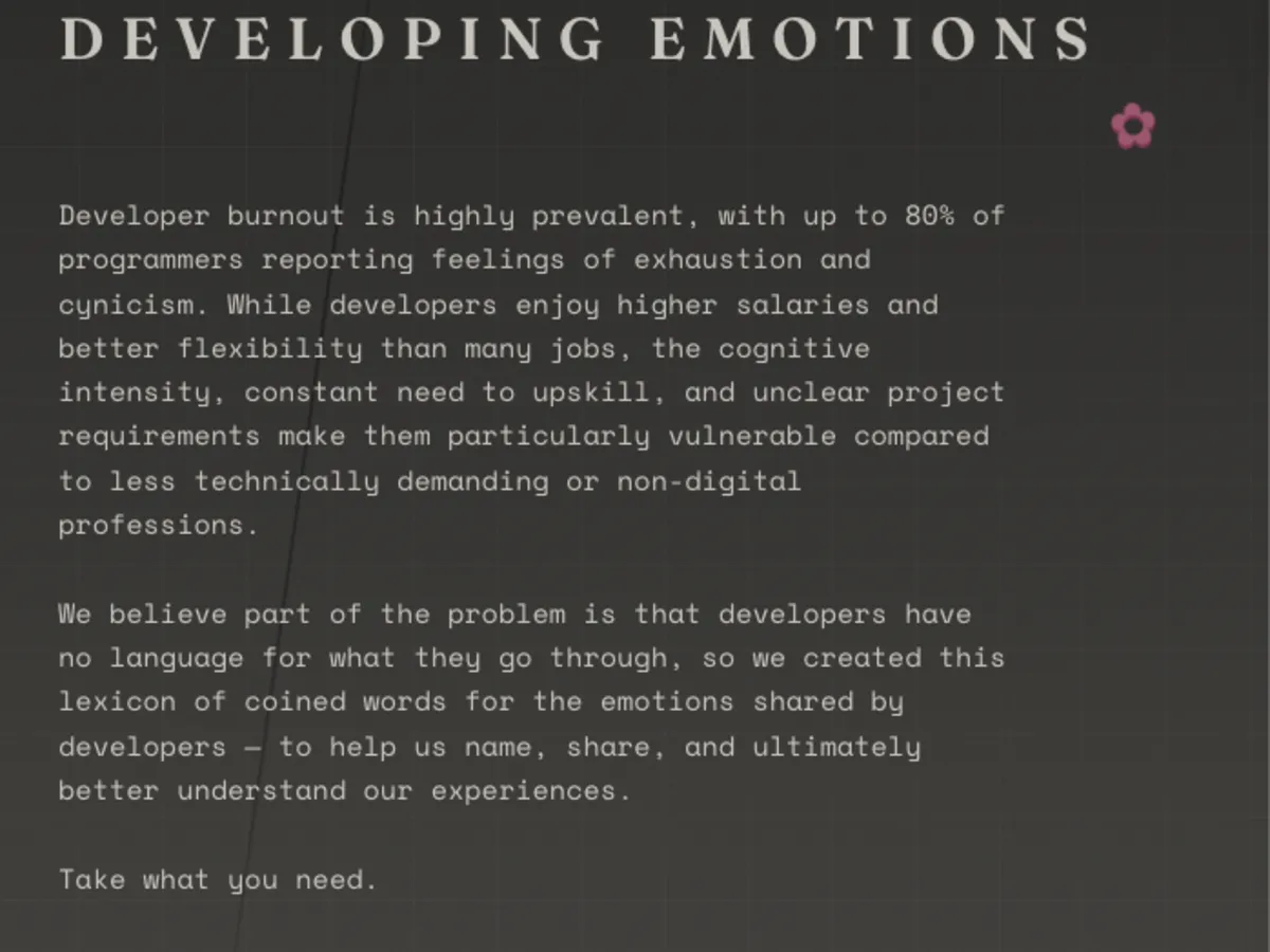 Emotions.dev — 'Developing Emotions' lexicon for developer burnout